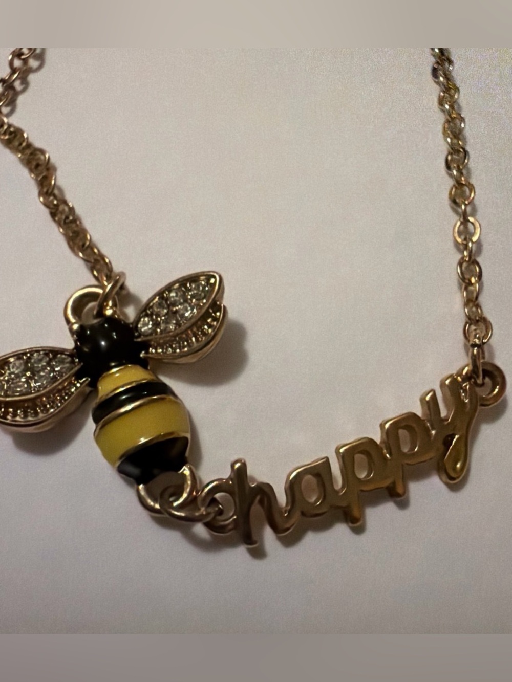 Gold-Tone 'Happy' Bee Necklace with Yellow Enamel Bee Charm